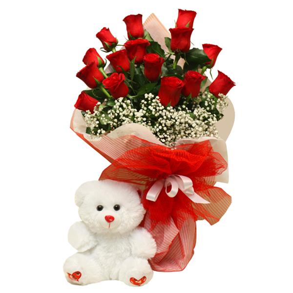 15 Red Rose Bouquet and Teddy Bear